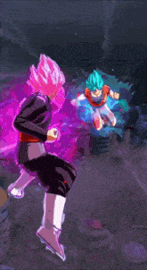 a cartoon character with pink hair and a purple background