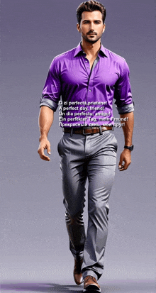 a man wearing a purple shirt and grey pants is walking