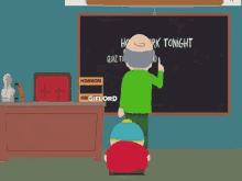 a cartoon shows a man pointing at a blackboard that says home tonight