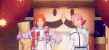 two anime characters standing next to each other in front of a large nutcracker