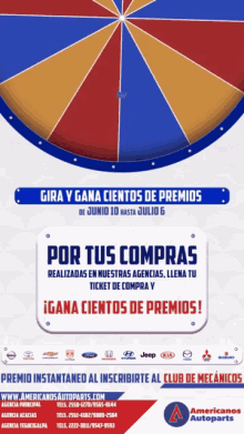 an advertisement for americanos autoparts shows a spinning wheel and says " gira y gana cientos de premios "