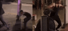 a man in a black tank top is kicking a pole