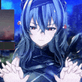 a girl with blue hair and red eyes is making a thumbs up sign