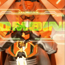 a robot with a green and yellow sign that says ' origin ' on it