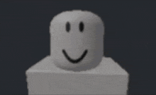a white roblox avatar with a smiley face is standing on a block .