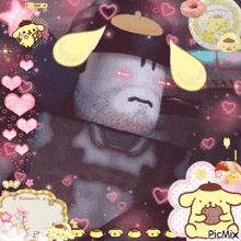 a picture of a man with pompompurin ears and hearts