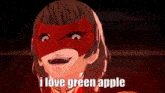 a cartoon character wearing a red mask with the words i love green apple below her