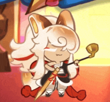 a cartoon character is sitting on the floor holding a sword and a wand .