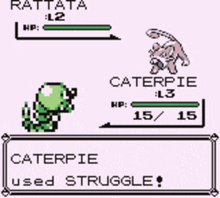 a screenshot of a video game with caterpie and rattata fighting each other