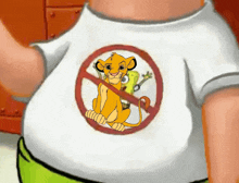 a person wearing a t-shirt with a picture of a lion in a no sign