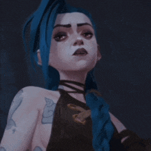 a girl with blue hair has a tattoo on her arm