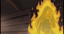 a cartoon of a woman surrounded by flames with a bookshelf in the background