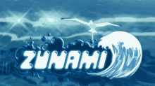 a tsunami logo with a wave and a seagull in the background