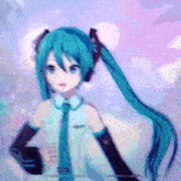 hatsune miku is wearing headphones and a tie and has long blue hair