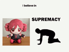 a picture of a stuffed animal and a picture of a man kneeling down with the words i believe in supremacy