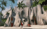 a cartoon character is standing on a beach with a surfboard that says ' hawaii ' on it