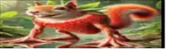 a squirrel with a strawberry on its back is walking through the water .