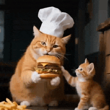 a cat wearing a chef 's hat is holding a hamburger and petting a kitten .
