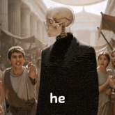 a skeleton in a suit and turtleneck stands in front of a crowd and the word he is on the bottom