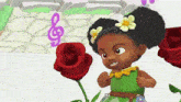 a little girl with a flower in her hair is standing next to a rose .