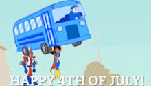 a happy 4th of july greeting card with a blue bus