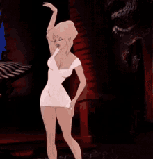 a cartoon woman in a white dress is touching her breast
