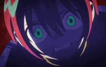 a close up of a person 's face with purple hair and green eyes