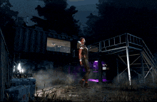 a woman in a video game is standing in front of a building with a purple light