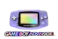 a purple game boy advance device with a rainbow screen