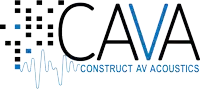 a logo for cava construct av acoustics with a wave