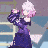 a girl with pink hair is wearing a purple coat with letters on the sleeves that start with the letter a