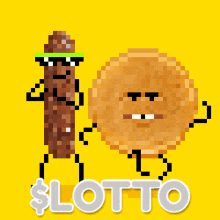 a pixel art drawing of a sausage and a coin with the words $ lotto below them