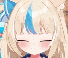 a close up of a blonde anime girl with blue and white hair
