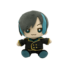a stuffed toy with a blue streak in his hair is sitting on a white background