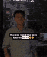 a person wearing a werewolf mask with the words that one friend who goes feral for bang chan