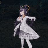 a girl with purple hair and a white dress stands next to another girl
