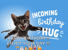 a cat is jumping in the air with the words incoming birthday hug happy birthday enjoy your day sean
