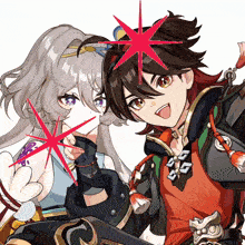 a boy and a girl are standing next to each other with a red star above their heads
