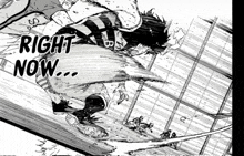 a black and white drawing of a person flying through the air with the words `` right now '' written on the bottom .
