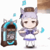 a little girl is standing next to a jukebox and dancing .