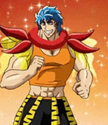a cartoon character with blue hair and a scarf around his neck is standing in front of a red background .