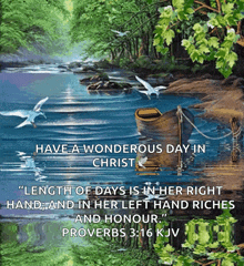 a painting of a boat in a river with a quote from proverbs