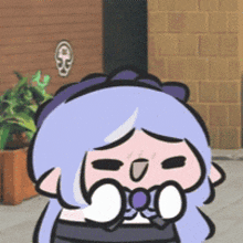 a cartoon girl with purple hair is covering her mouth with her hands .