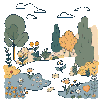 a drawing of trees and flowers with a cloud in the sky