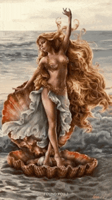 a painting of a woman standing in a shell with the words found you below her