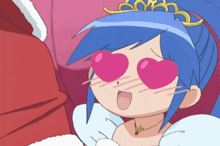 a girl with blue hair and heart shaped glasses