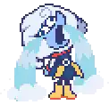 a pixel art drawing of a cartoon character standing in the snow