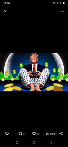 a picture of donald trump sitting on a pile of gold coins playing a video game