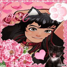 a picture of a girl with a cat 's ear and the word love