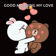 a cartoon of a rabbit kissing a teddy bear with the words good morning my love babe above them